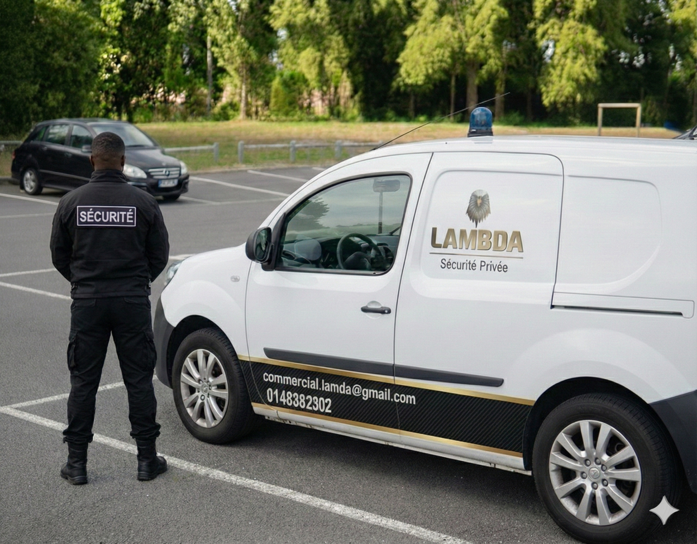 Security agent in uniform doing a security round inside a warehouse with a flashlight, only the back of the agent is visible.